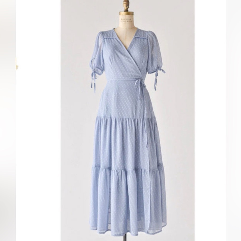 dusty blue swiss dot wrap dress